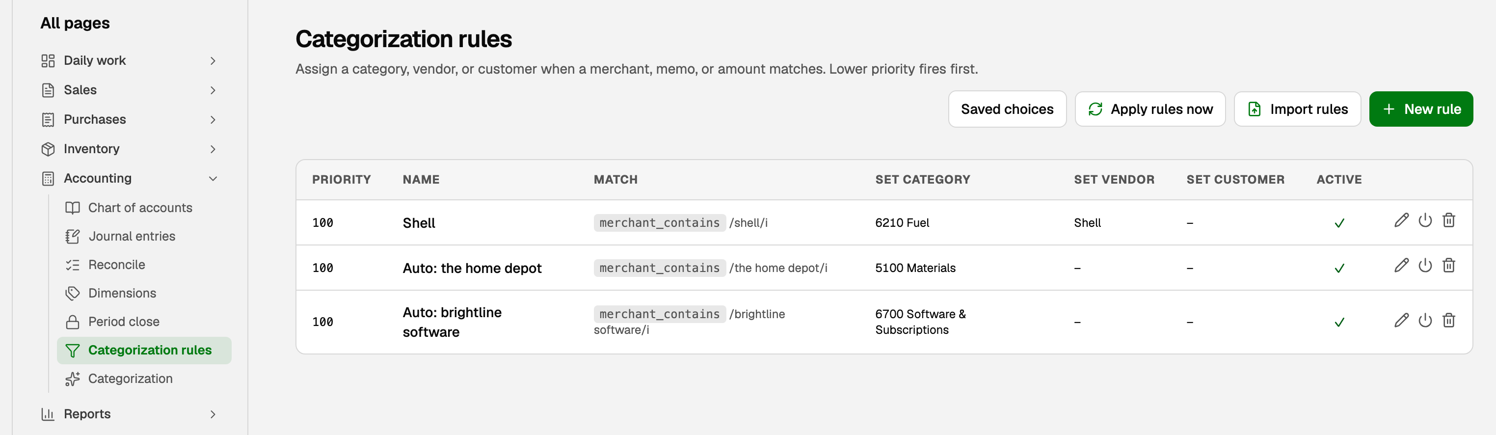 The Categorization rules page under Accounting, with its buttons and three rules
