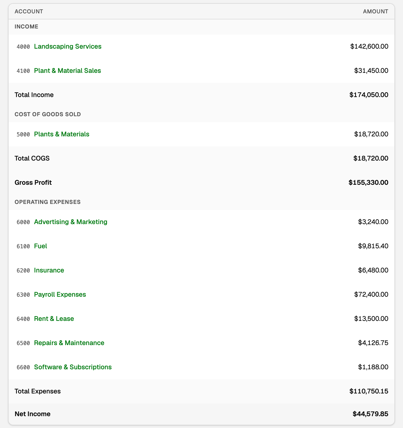 A Profit and Loss statement from Income down to Net Income