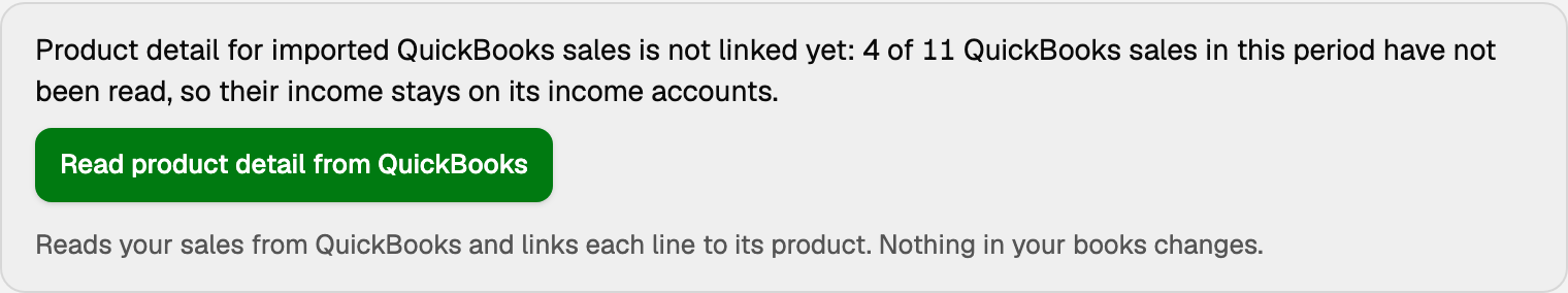 Notice that QuickBooks product detail is not linked yet, with Read product detail from QuickBooks