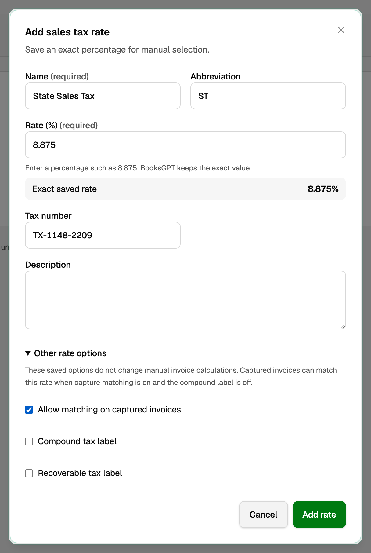 The Add sales tax rate dialog with name, abbreviation, exact rate and tax number