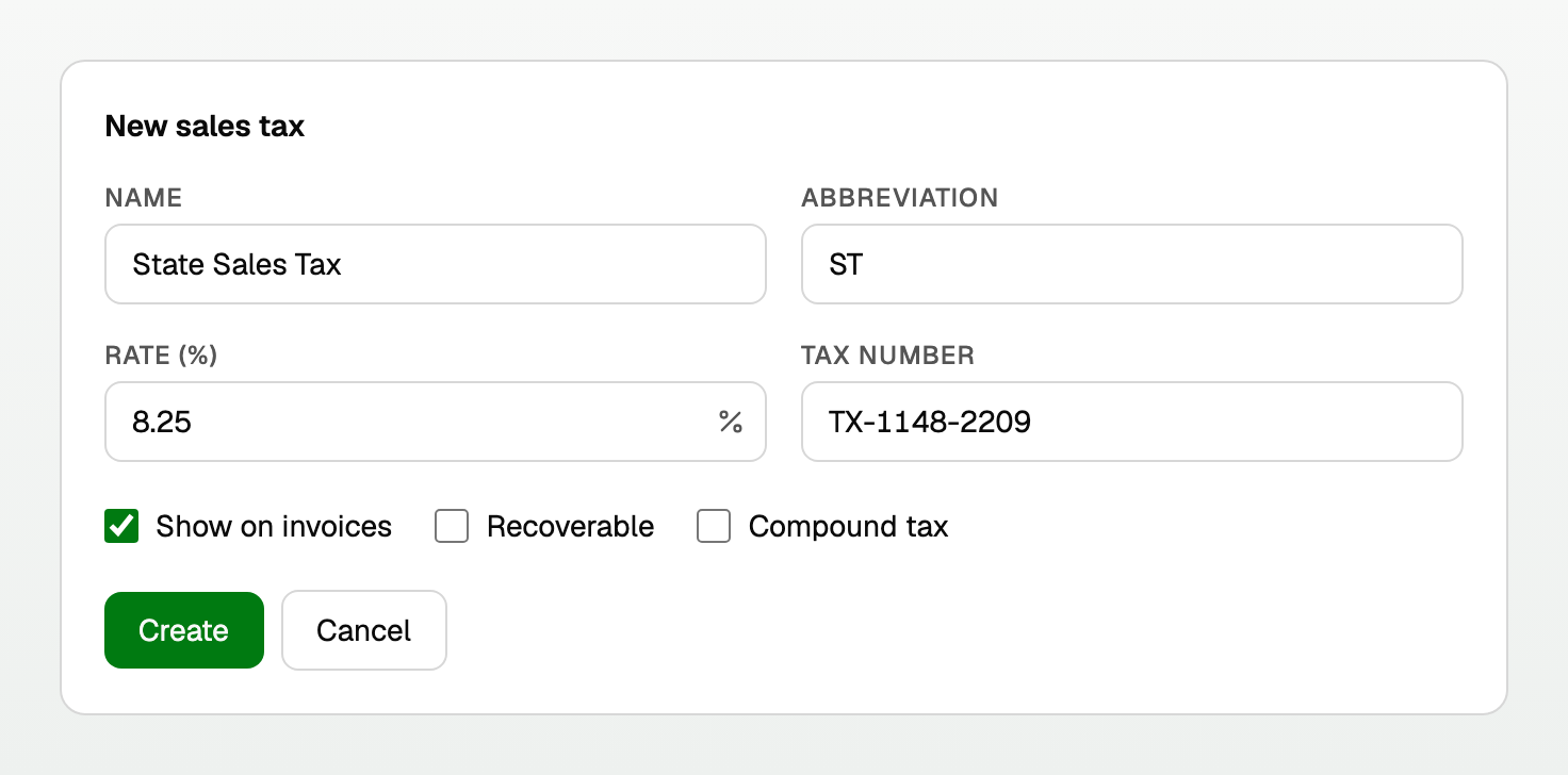 The new sales tax form with name, abbreviation, rate and tax number