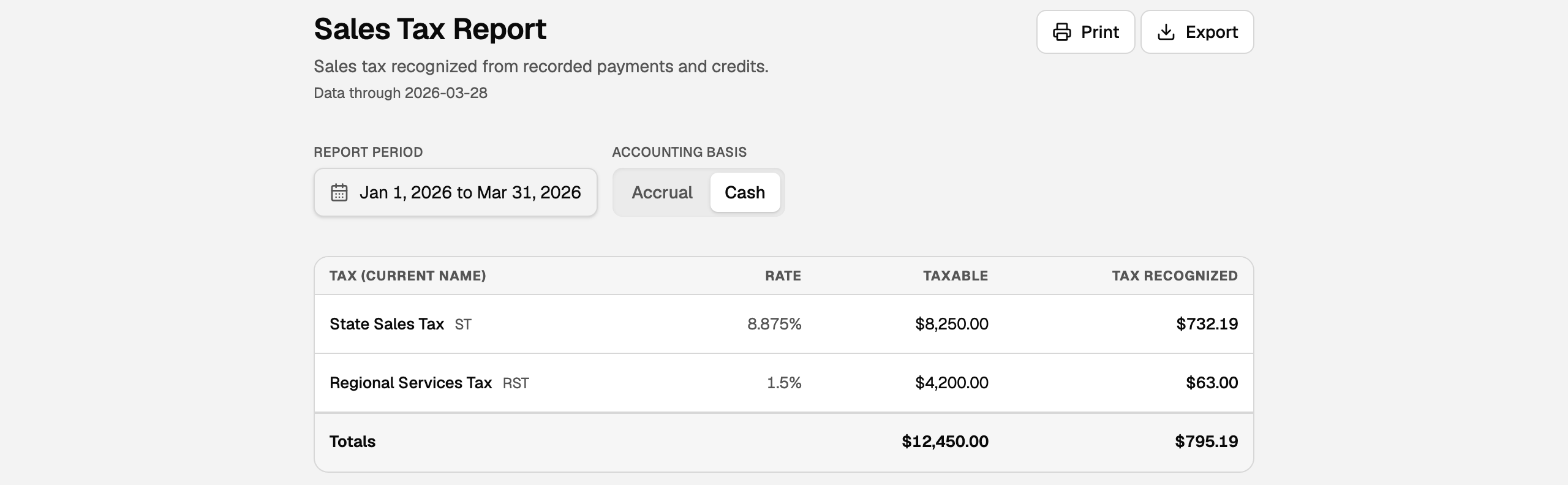 Sales tax report with Accounting basis set to Cash and Tax recognized by rate