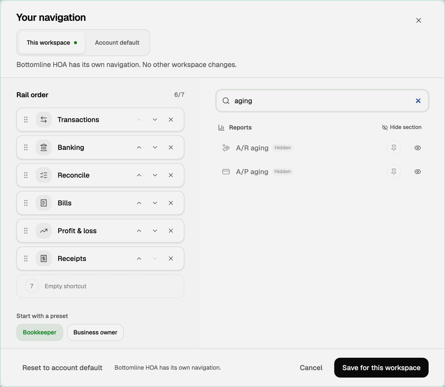 Search aging in Your navigation, with a Hidden chip on A/R aging