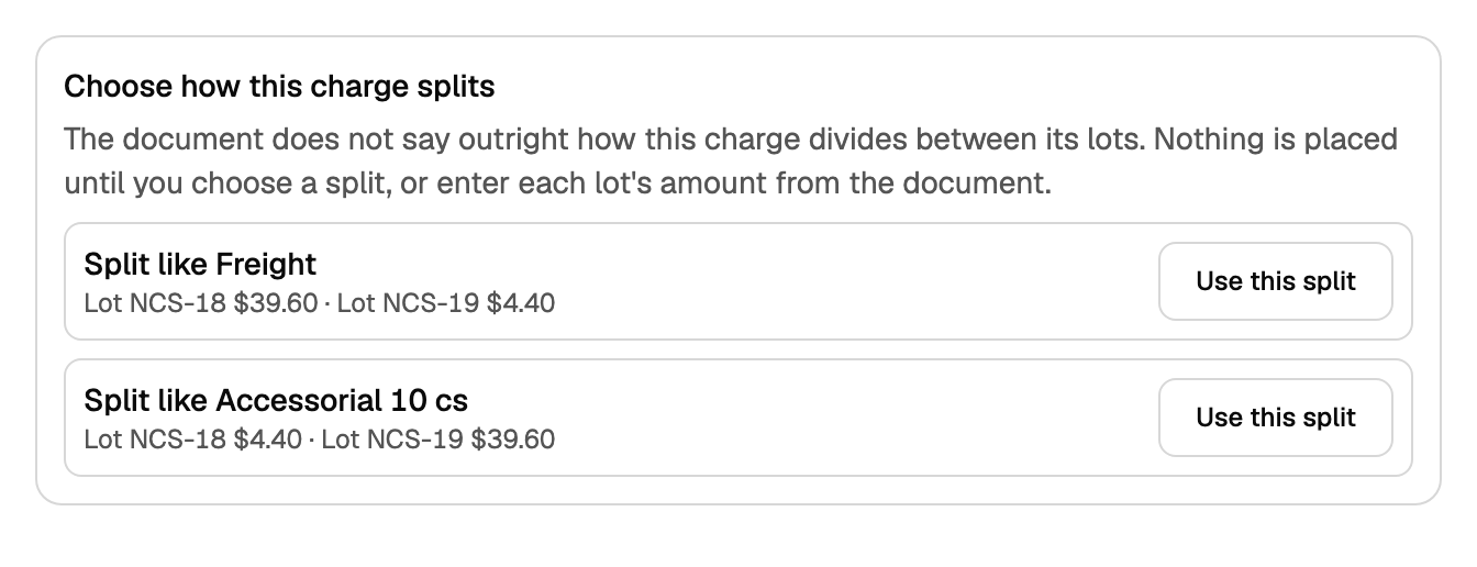 Choose how this charge splits, with Split like Freight and Split like Accessorial 10 cs, and Use this split on each