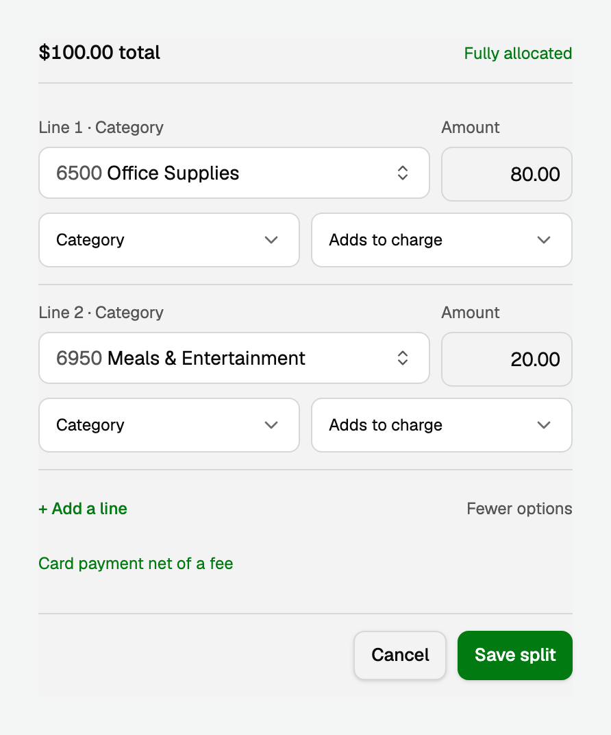 The same split editor on a phone, with Save split at the bottom