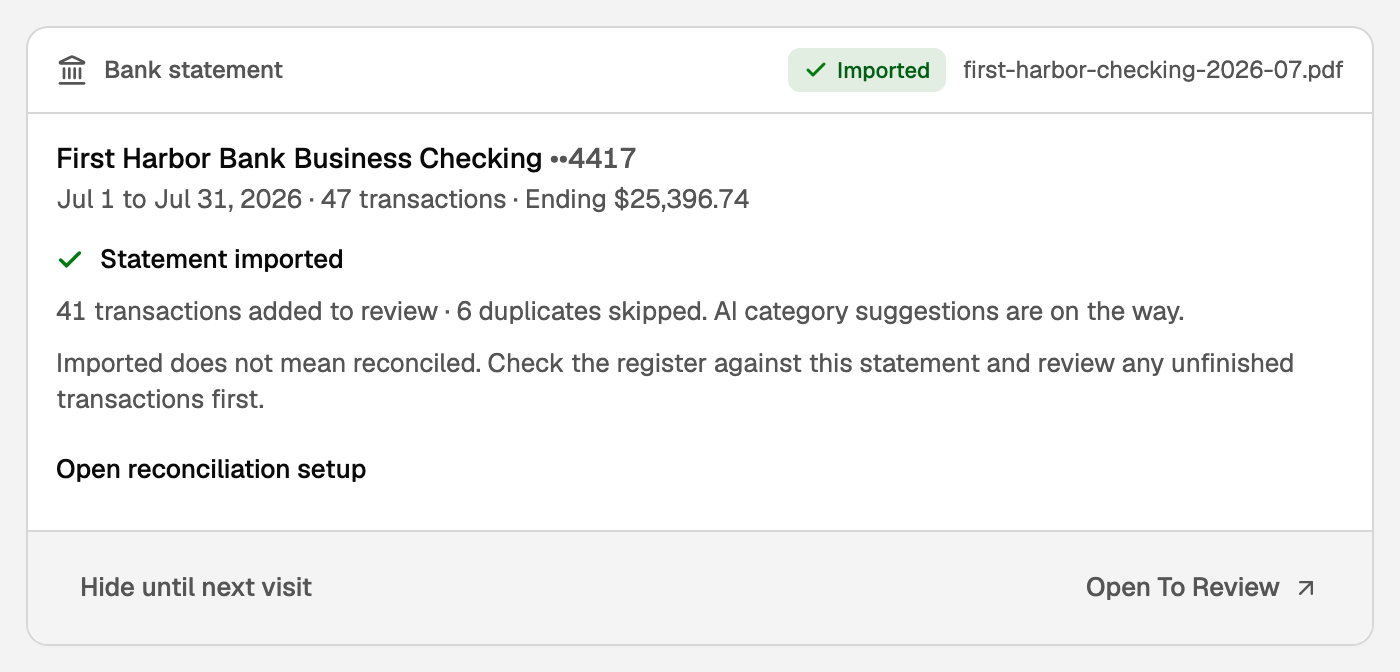 The card after the import: Statement imported, 41 transactions added to review and 6 duplicates skipped, with Open reconciliation setup and Open To Review