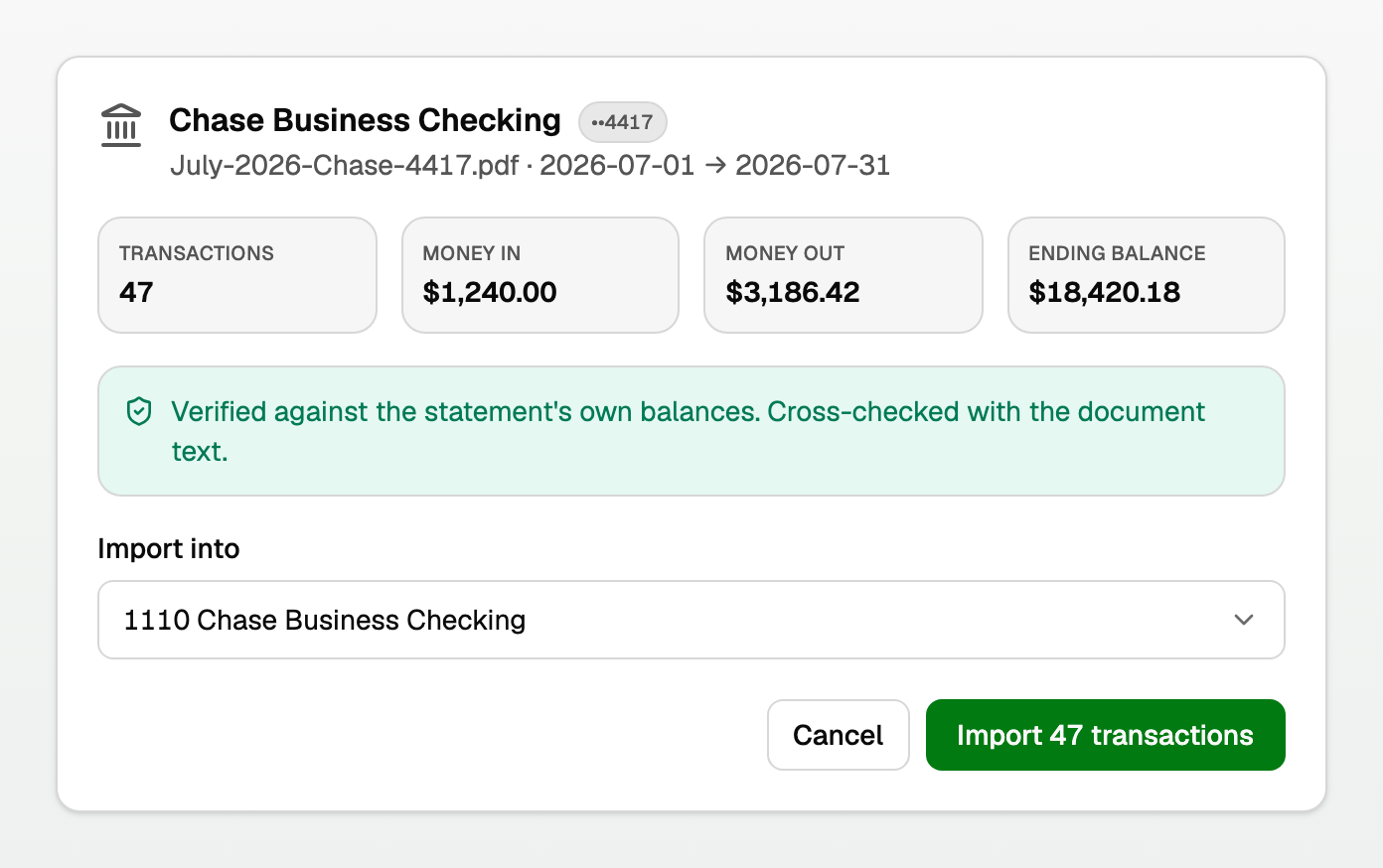 A statement preview with beginning and ending balances that match