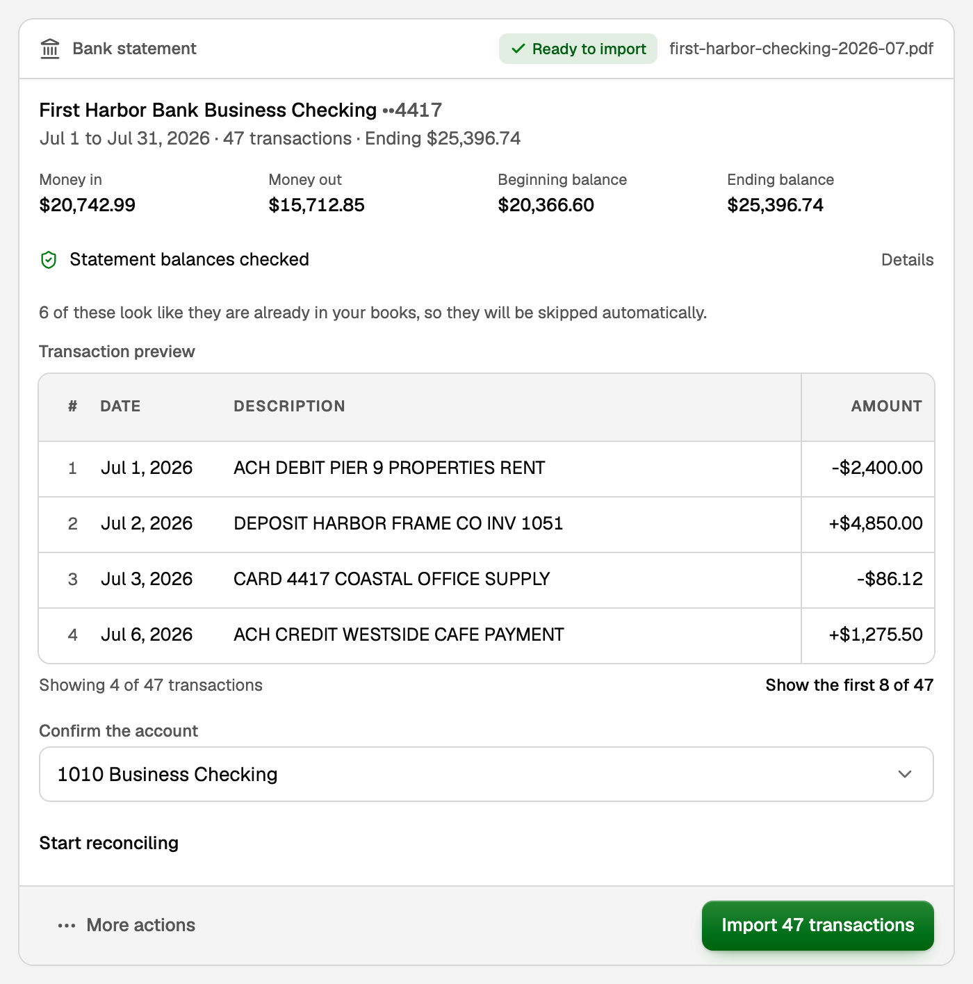 A statement card tagged Ready to import, with its figures, Statement balances checked, the Transaction preview, Confirm the account and the Import 47 transactions button