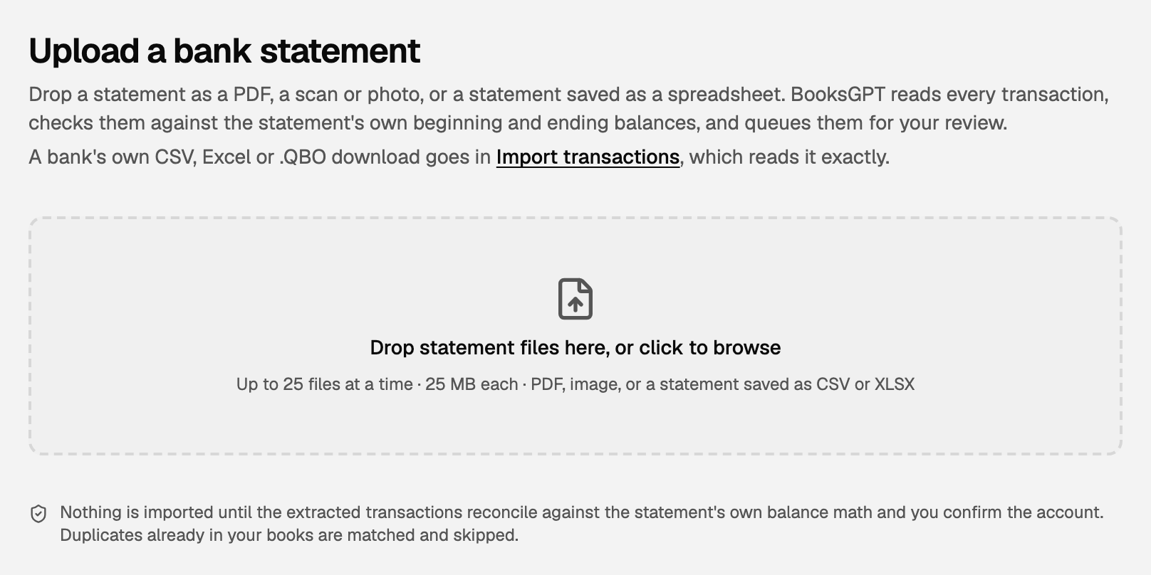 The Upload a bank statement page, with its drop zone