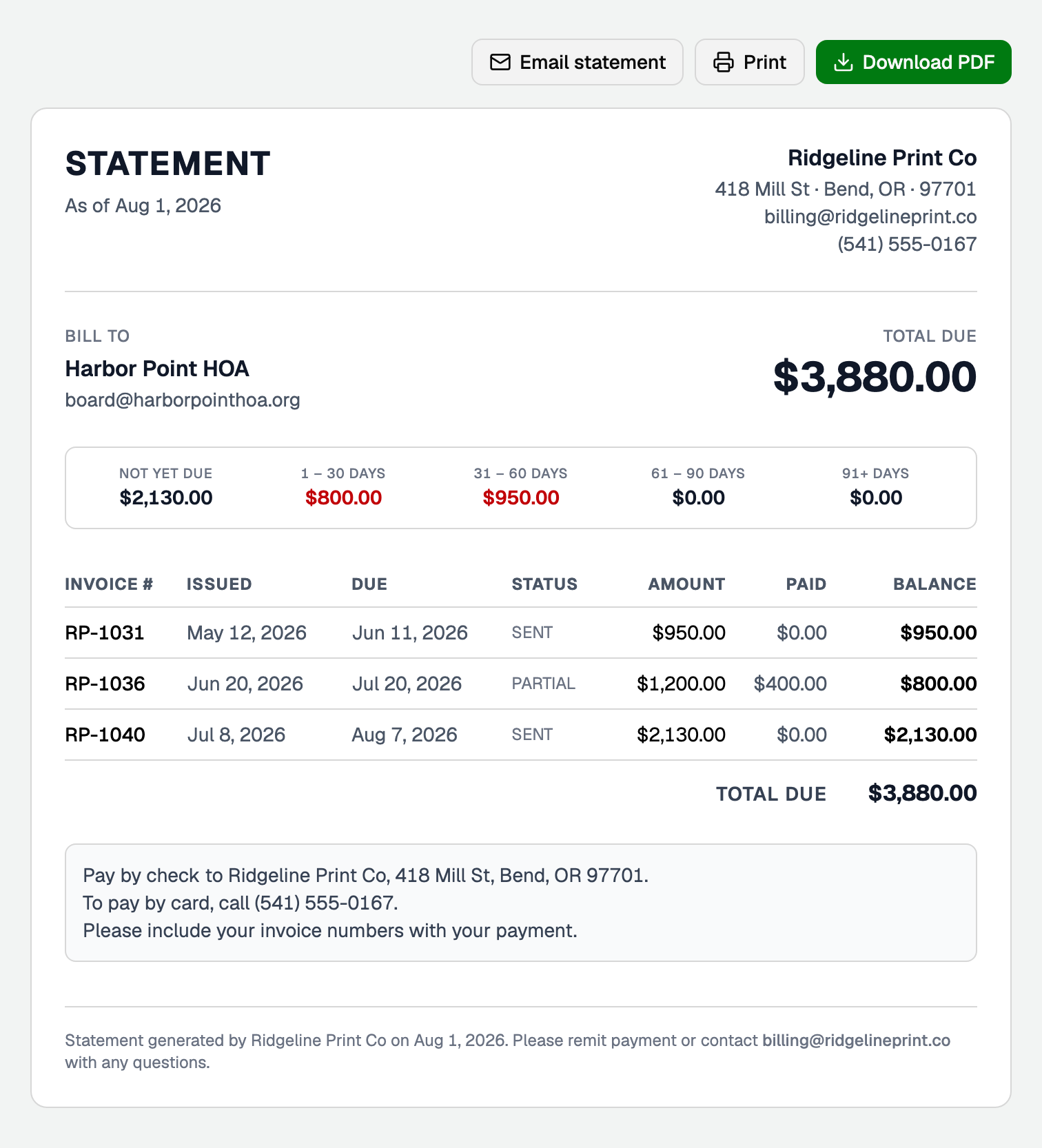 A customer statement with its buttons, aging, open invoices and payment message