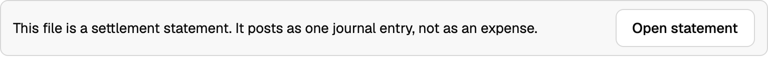 Receipts card saying the file posts as one journal entry, with Open statement