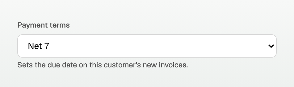 The Payment terms field on a customer, set to Net 7
