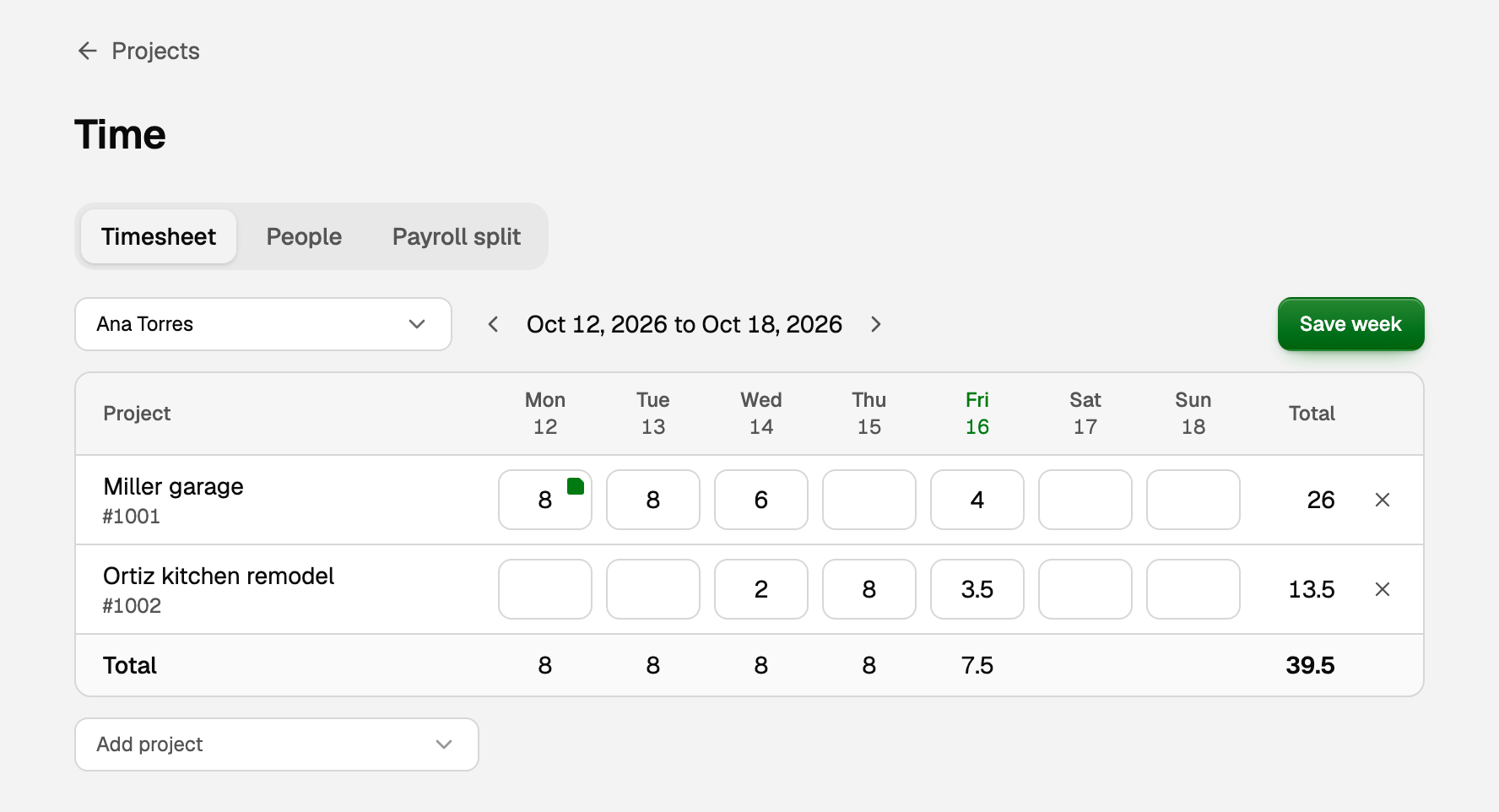 Ana Torres' week of Oct 12 to Oct 18, 2026: 26 hours on Miller garage and 13.5 on Ortiz kitchen remodel, 39.5 in all, with a note on Monday
