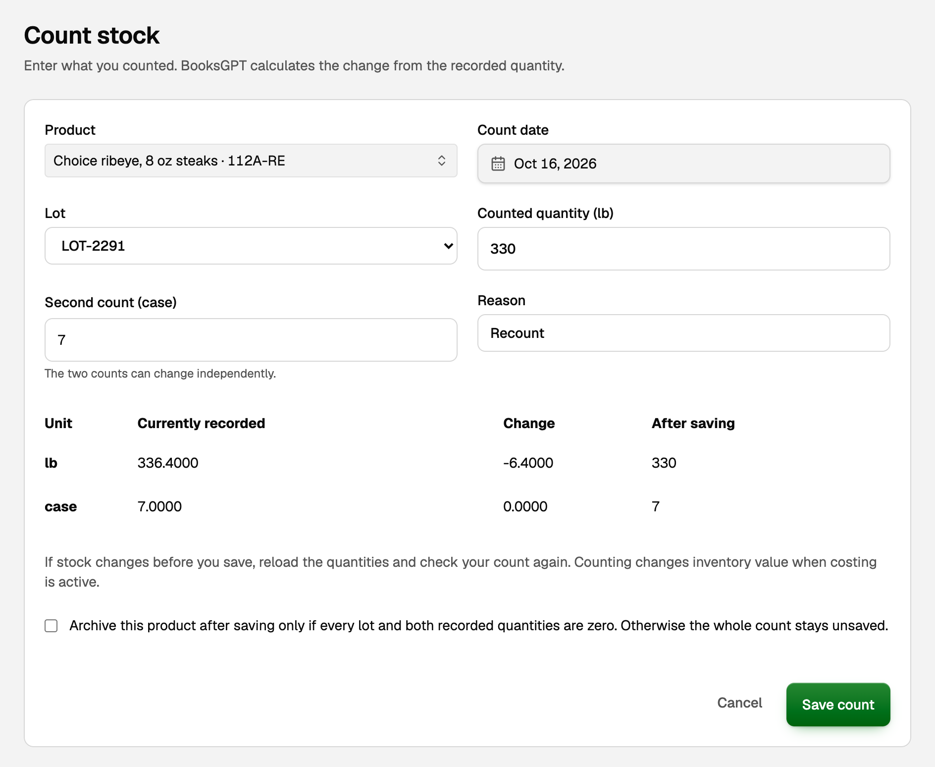 Count stock for lot LOT-2291, counted at 330 lb and 7 cases, with Currently recorded, Change, and After saving for each unit