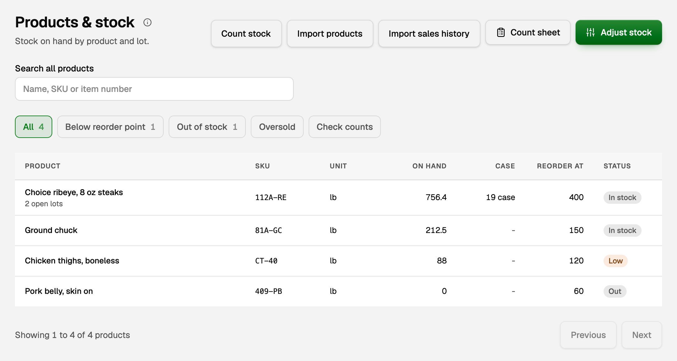 Products and stock with Count stock, Import products, Import sales history, Count sheet and Adjust stock, and products marked In stock, Low and Out
