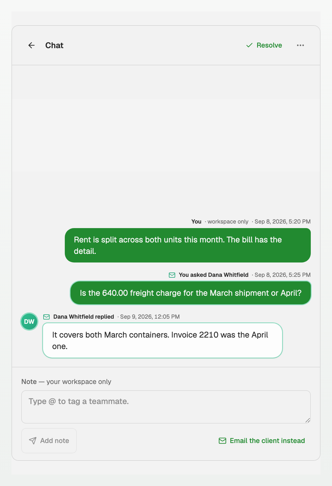 The transaction chat with teammate notes and the note composer