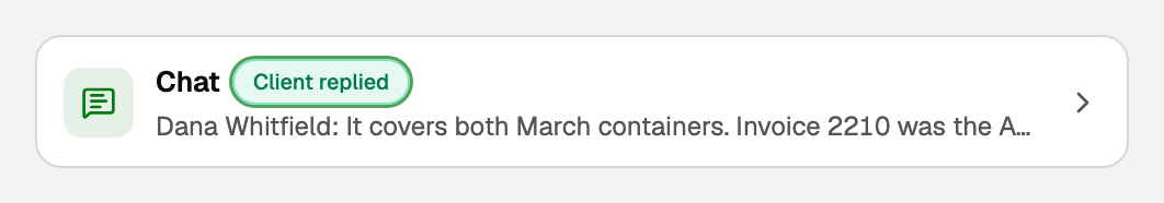 The Chat row in the transaction pane with the Client replied state
