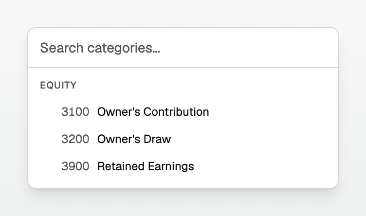 The Equity group in the category picker, with Owner's Contribution and Owner's Draw