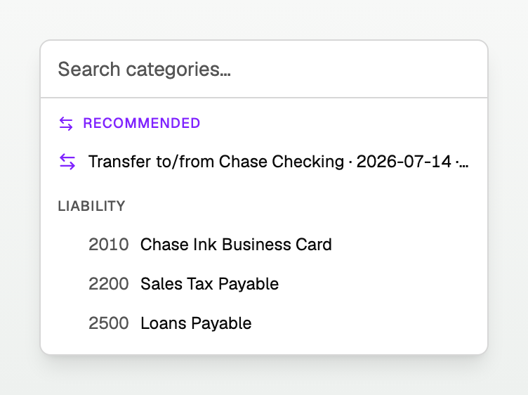The category picker showing a Recommended transfer to Chase Checking
