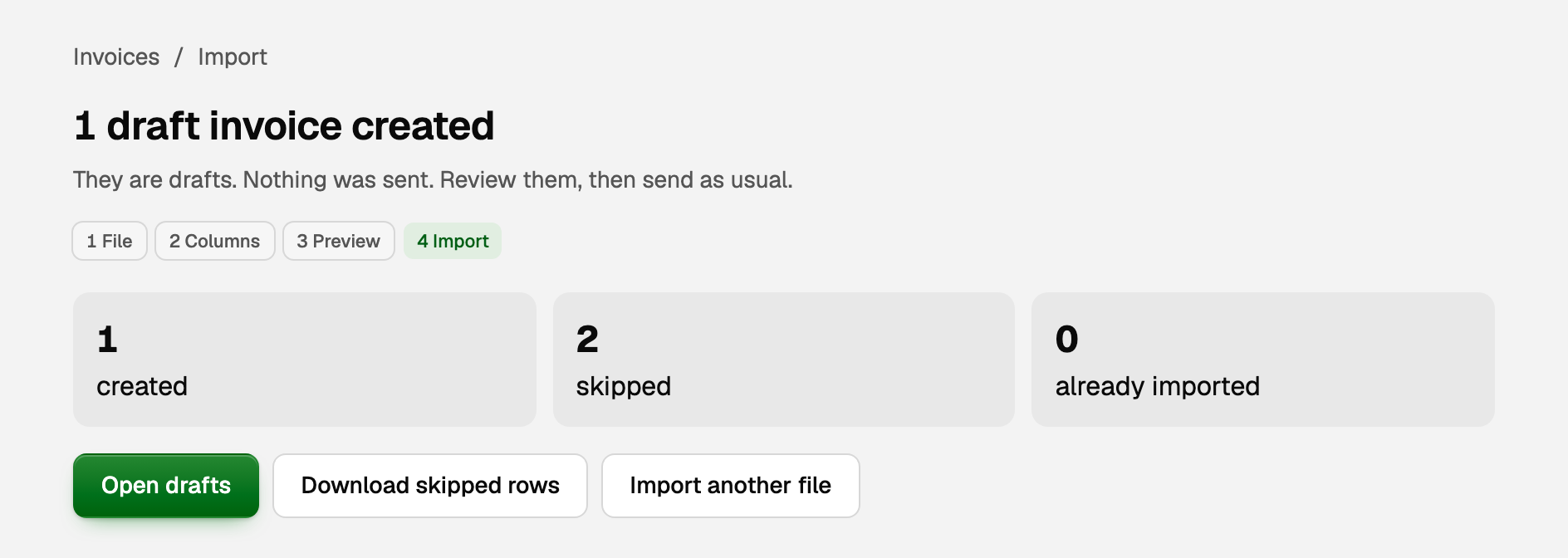 The import summary with created, skipped, already imported, Open drafts, and Download skipped rows