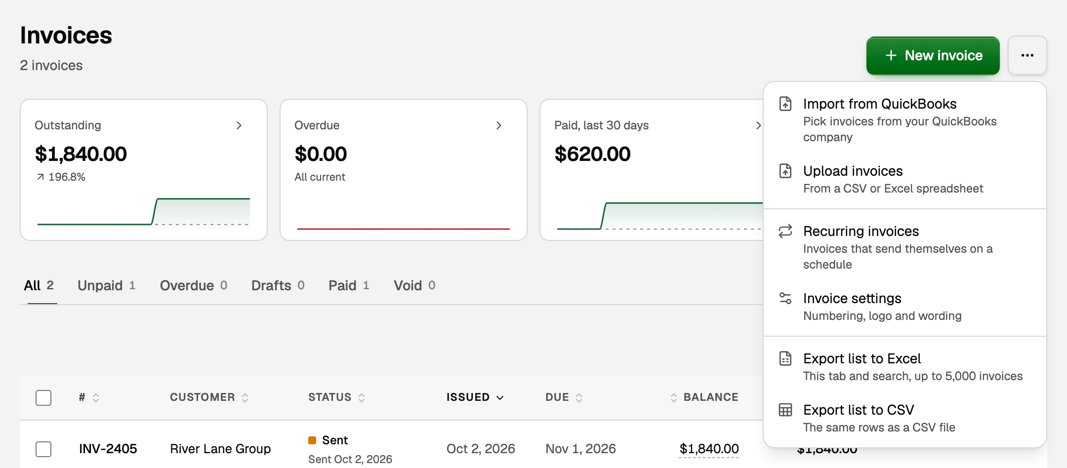 The Invoices page, with Upload invoices inside More invoice actions