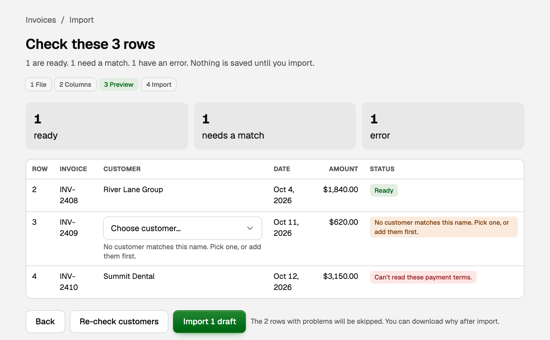 Preview with one ready row, an unmatched customer, a row with an error, and the import button