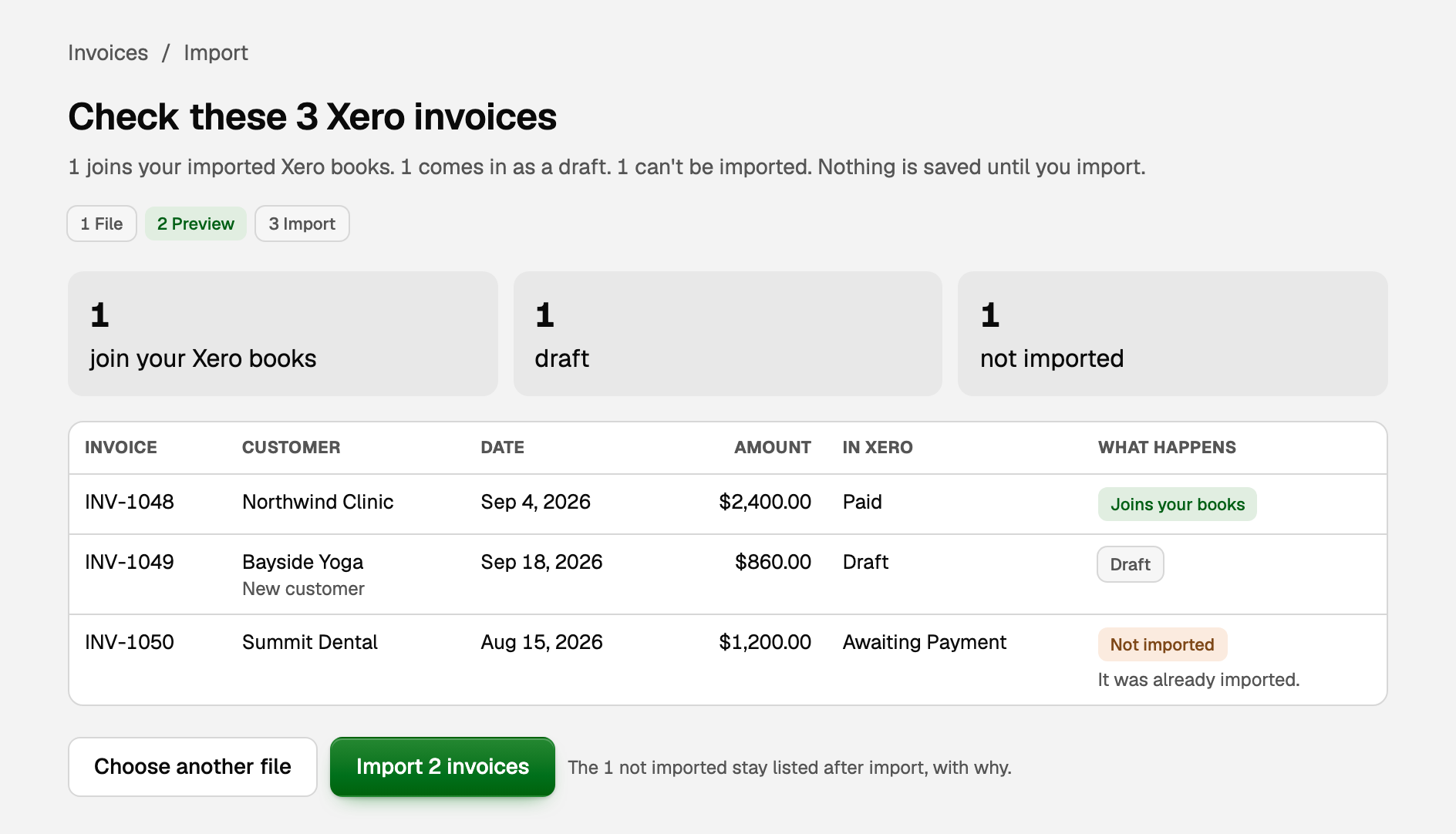 Check these 3 Xero invoices, with one joining the books, one draft, and one not imported