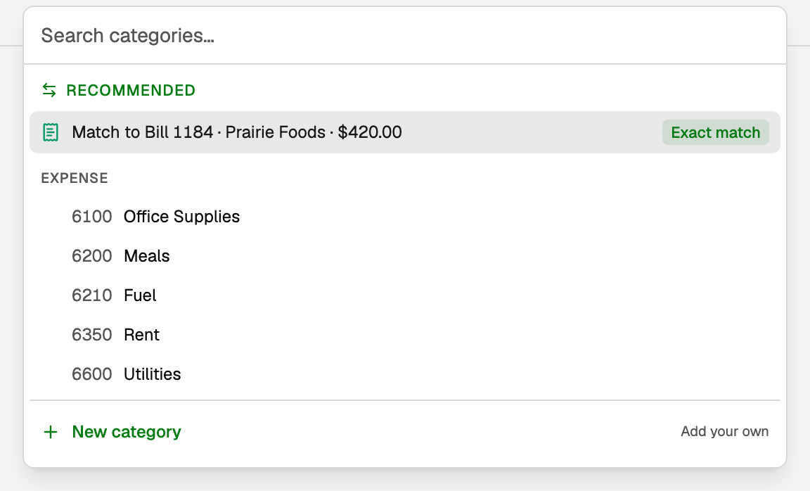 The category list offering Match to Bill 1184, marked Exact match