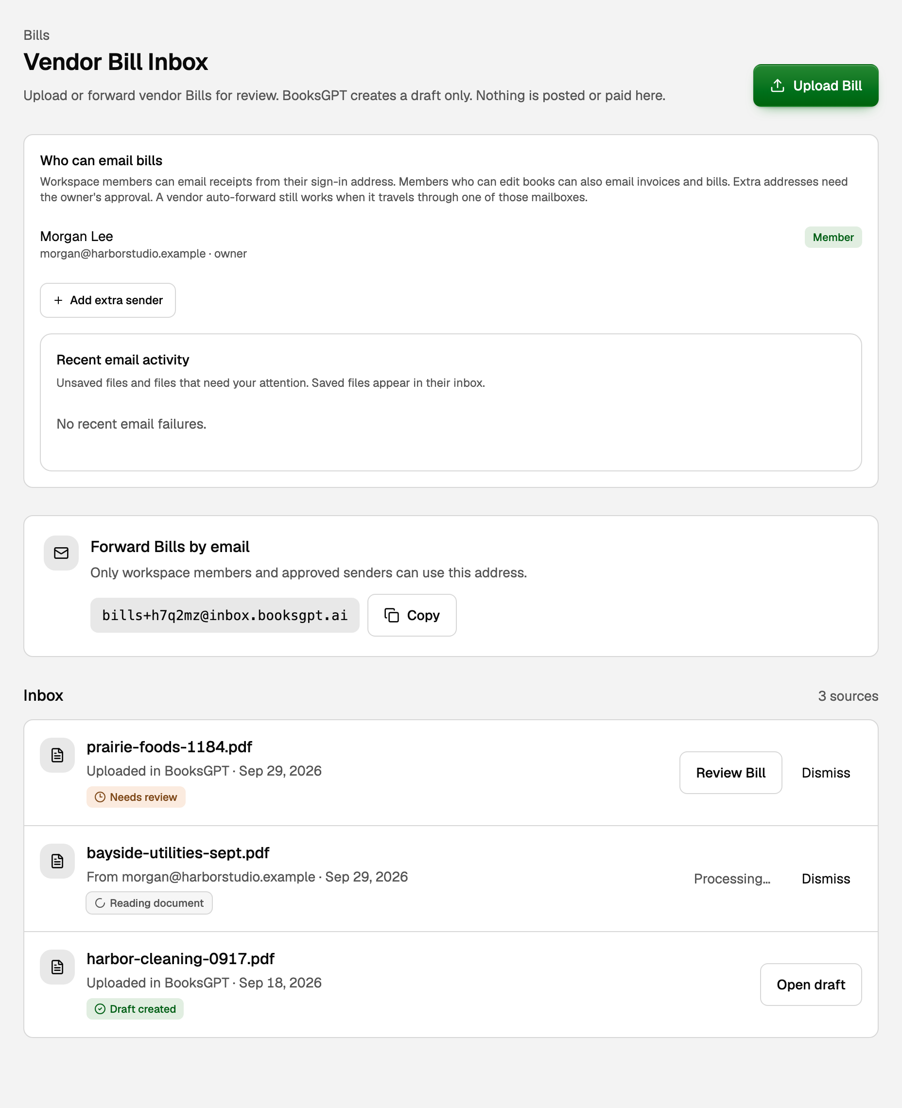 Vendor Bill Inbox, with Upload Bill, the forwarding address, and three bills in the inbox