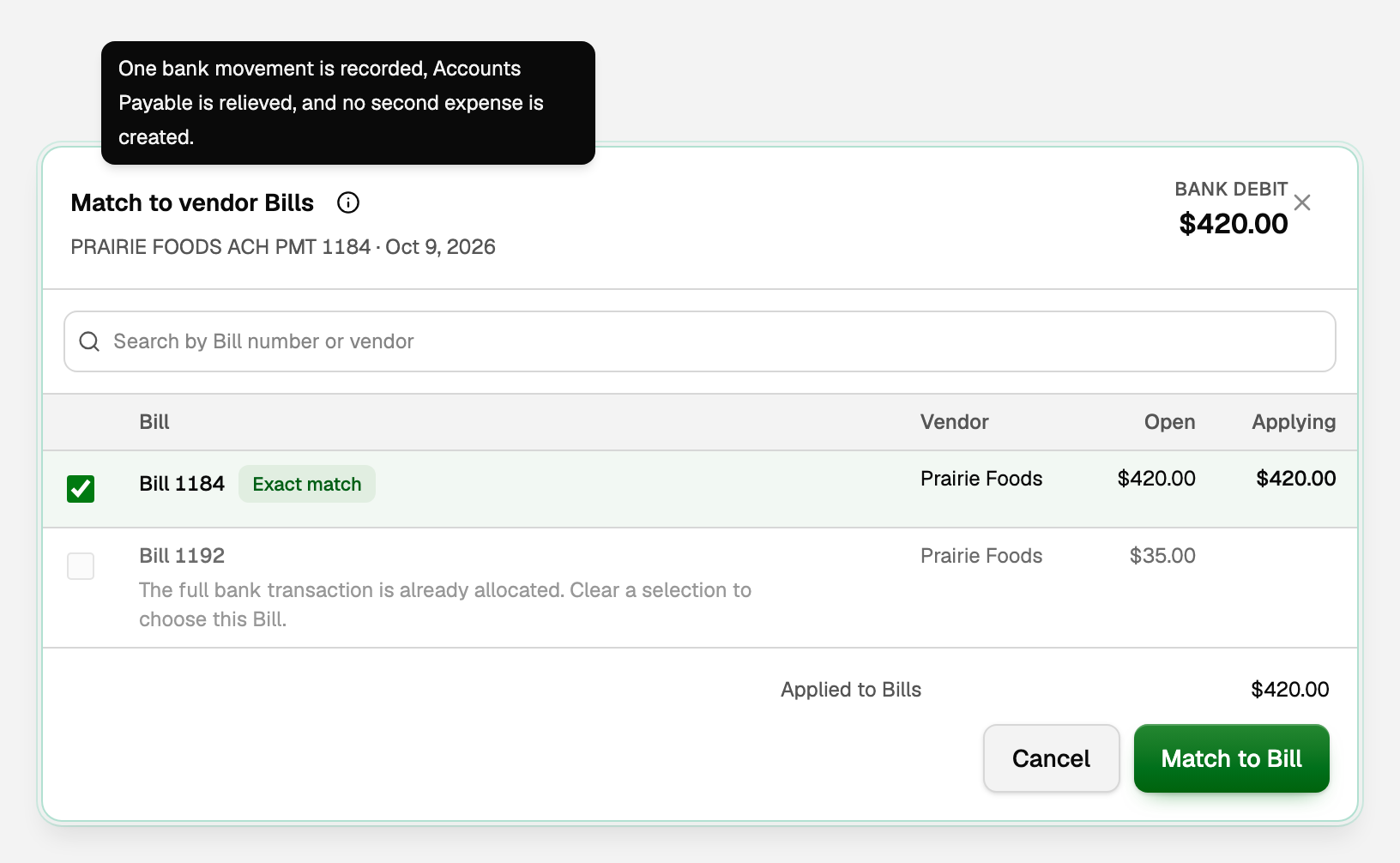 Match to vendor Bills, with Bill 1184 ticked and Match to Bill
