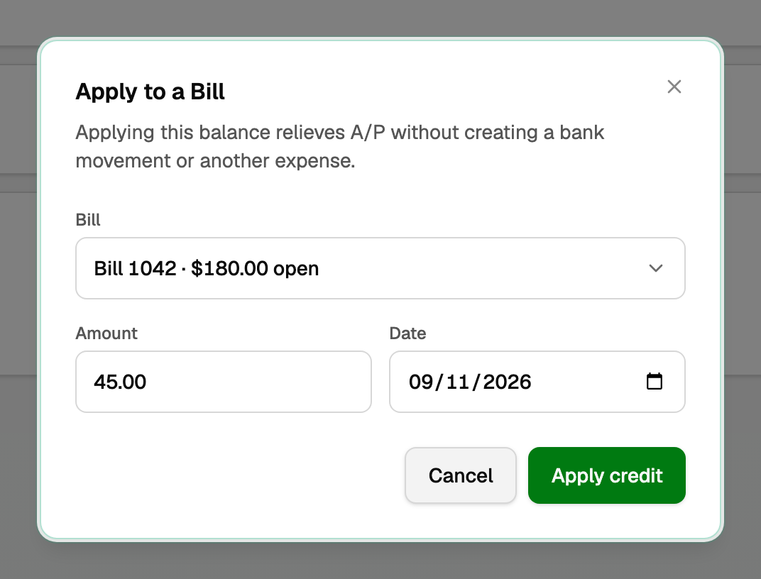 Apply to a Bill with the open bill, amount, and date filled in