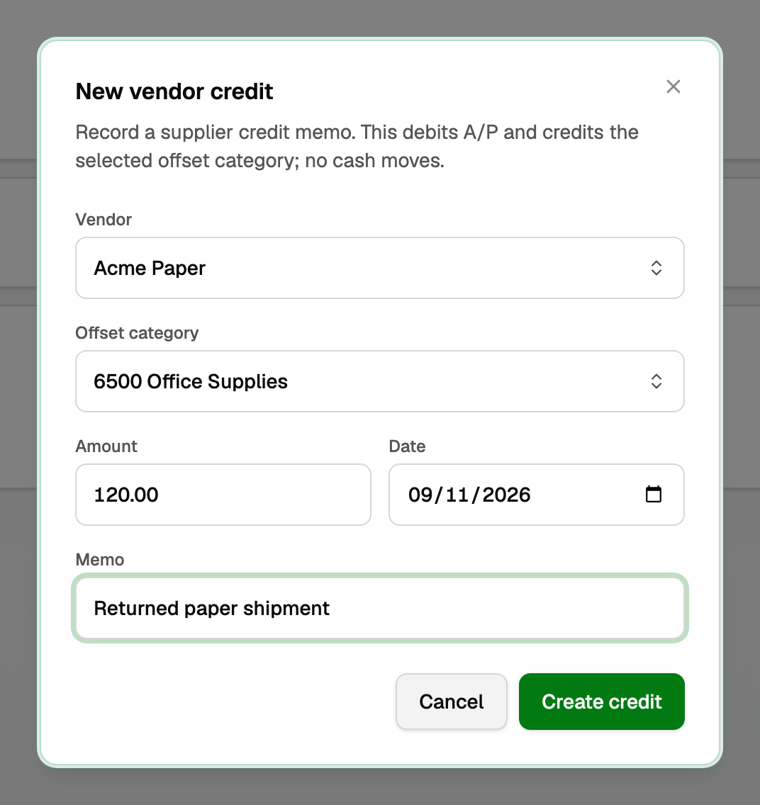 The New vendor credit dialog with vendor, offset category, amount, date, and memo