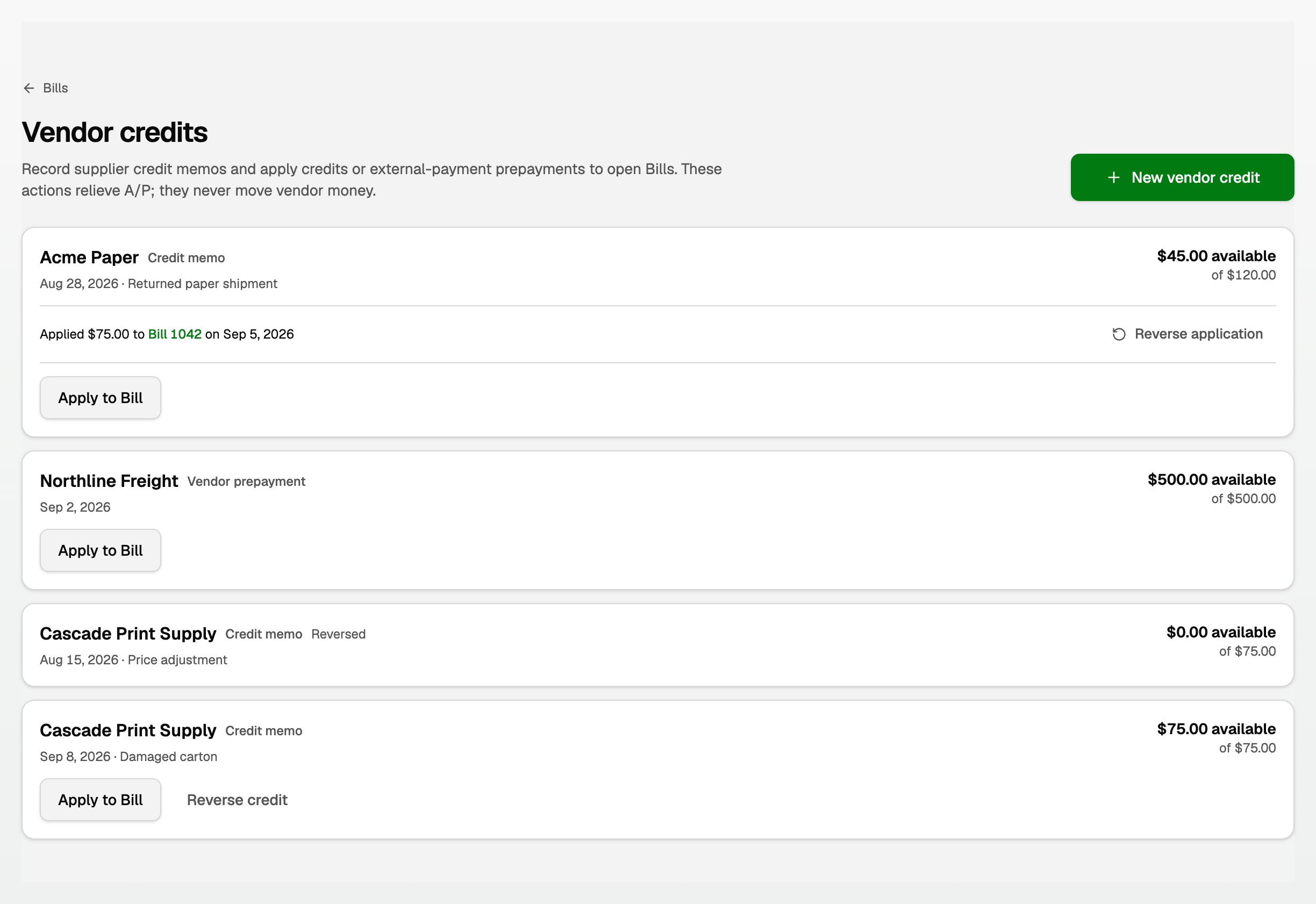 Vendor credits with a partially applied credit memo and an untouched vendor prepayment