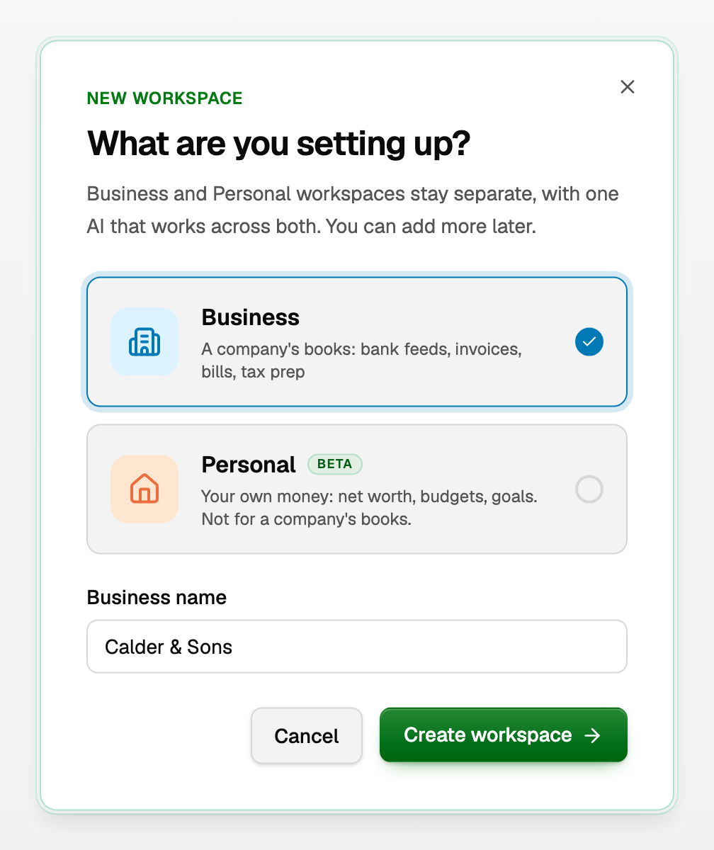 Add a workspace with Business selected, a Business name typed, and Create workspace