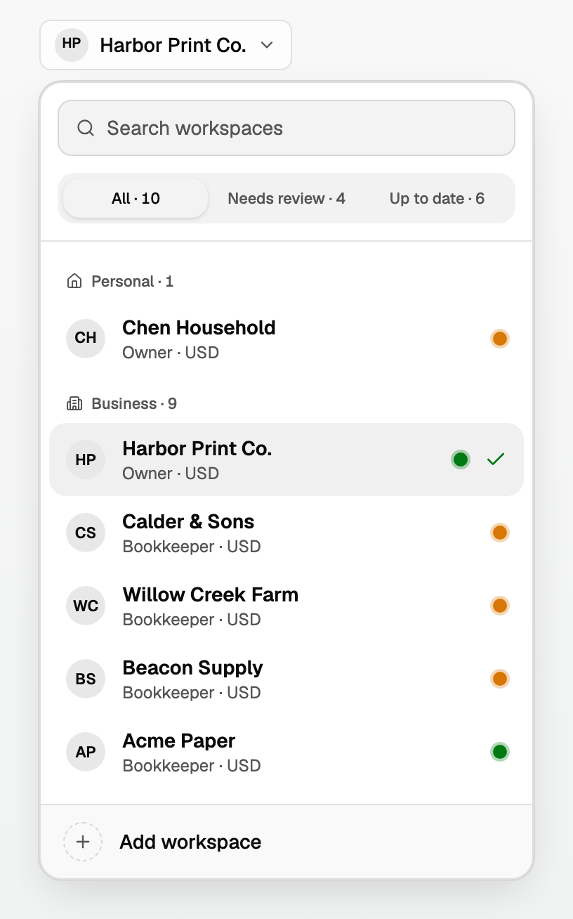 The workspace switcher with Business and Personal groups, a status dot on each row, and Add workspace